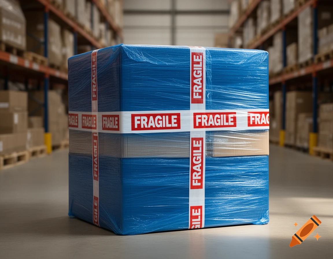 A large blue-wrapped shipping box with red and white 'FRAGILE' tape sits centered on the floor of a warehouse aisle.