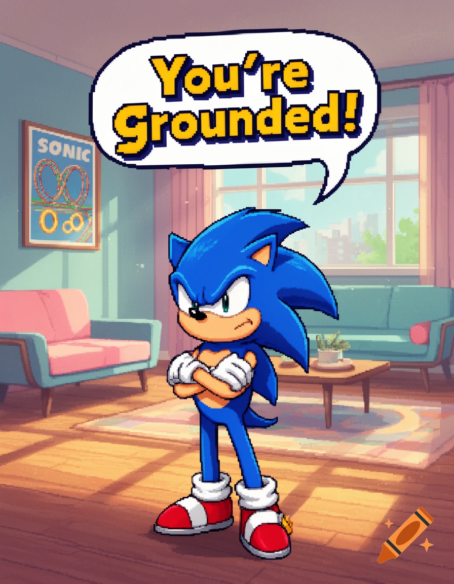 Sonic the Hedgehog stands in a pixelated living room with crossed arms and an angry expression, a speech bubble above him says "You're Grounded!"