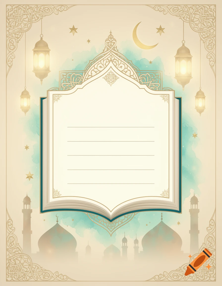 Elegant Islamic poster with an open book for names, framed by arabesque patterns, lanterns, crescent moon, and mosque silhouettes.