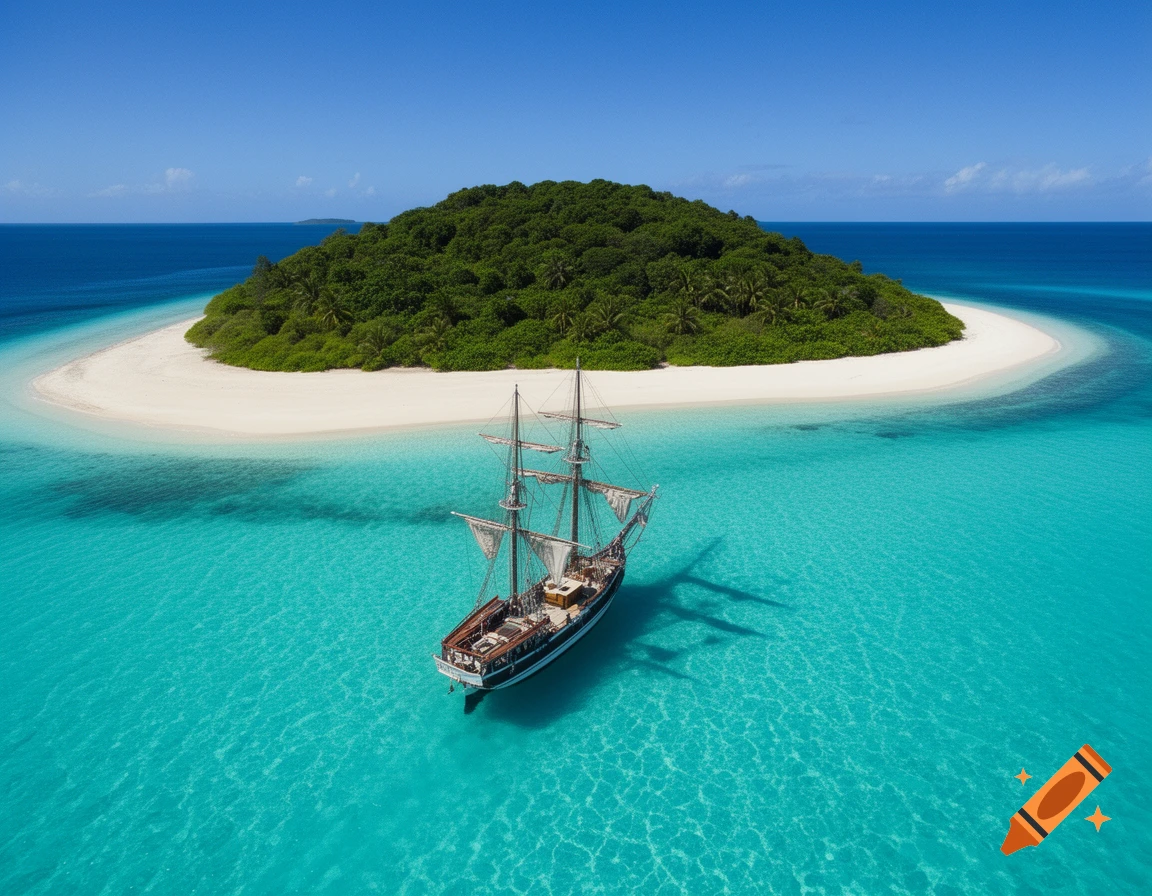 Aerial view of a brigantine ship anchored in a pristine bay of a small tropical island with white sand and clear turquoise water.