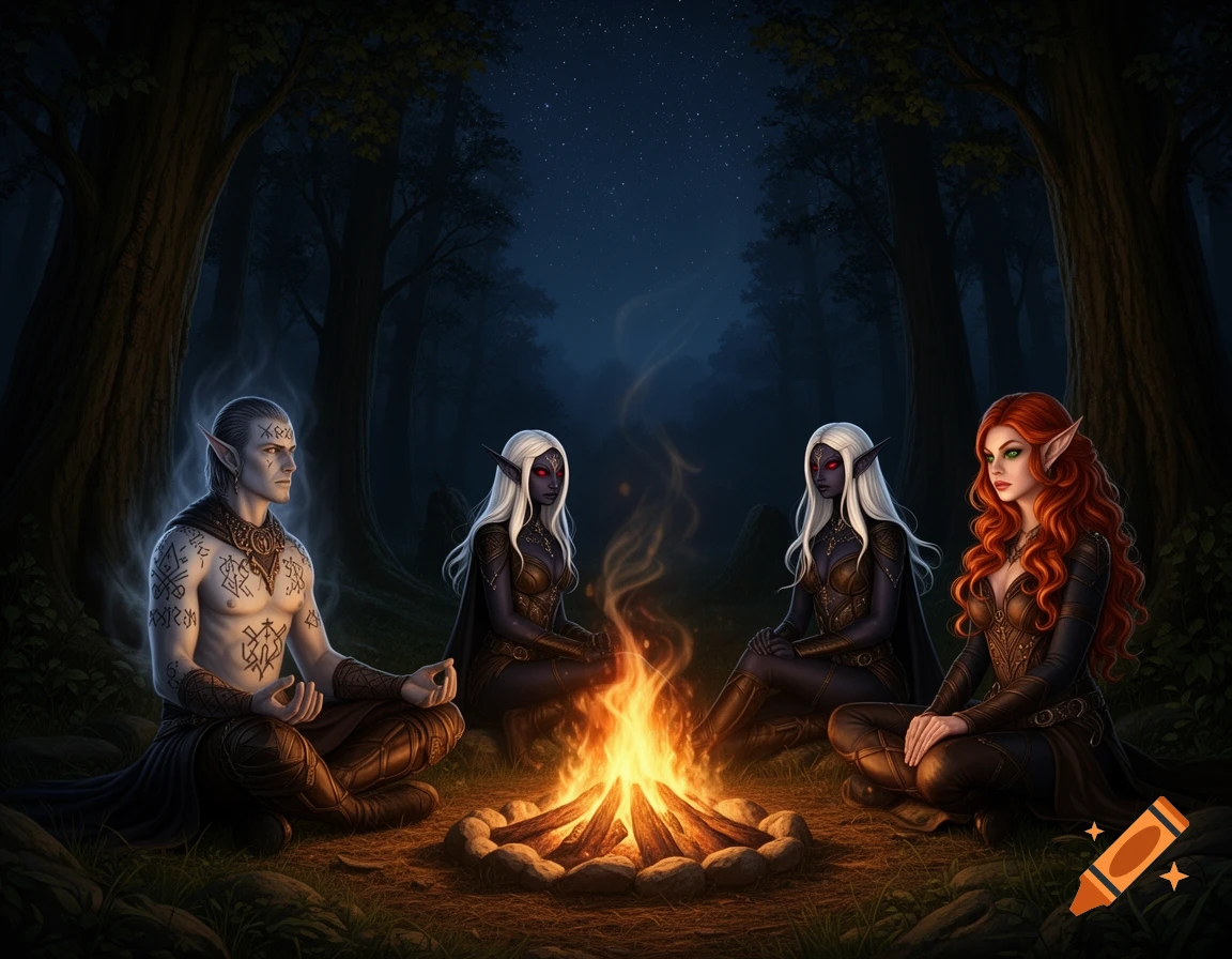 Four diverse elven characters, a male Shadar-Kai, two female Drow, and a red-haired female high elf, sit around a glowing campfire in a dark, mystical forest at night, in a detailed digital painting style.