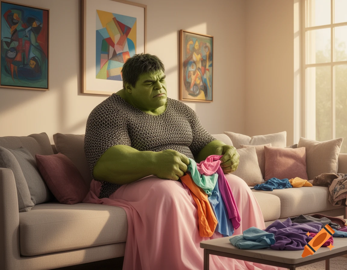 A photorealistic image of a tired Hulk, with green skin and chainmail shirt, wearing a pink skirt while folding colorful laundry on a beige sofa.