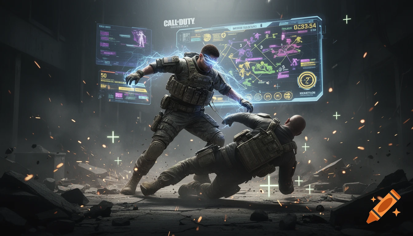 Two soldiers in combat gear with glowing blue energy between them, one on the ground and one standing over him, against a dark backdrop with futuristic HUD elements and flying debris.