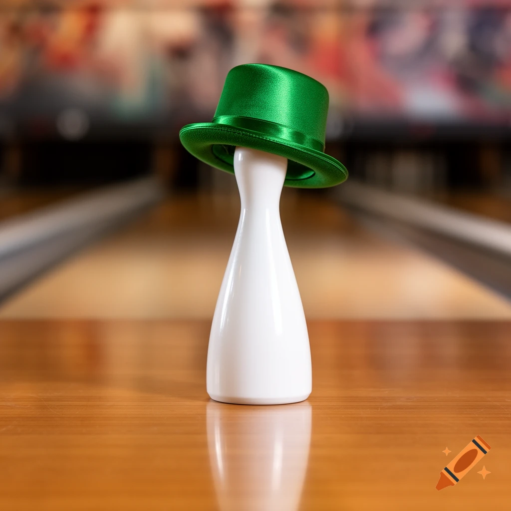 A white bowling pin wears a shiny green top hat on a polished wooden bowling lane, with blurred pins in the background.