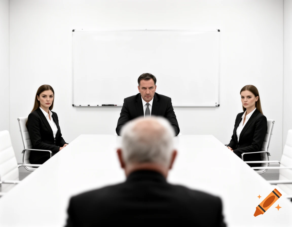 Two women and a man in suits sit sternly at a white boardroom table, facing a blurred figure with their back to the viewer.