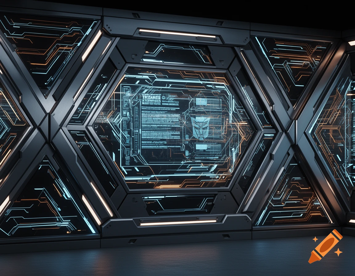 A high-tech, futuristic wall with glowing blue and orange circuitry and a hexagonal central display featuring a Transformers logo.