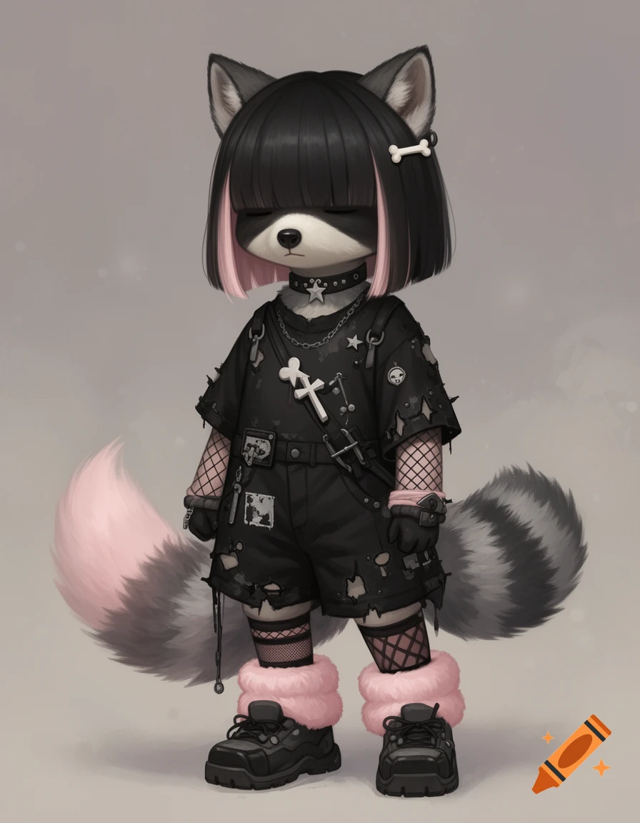 Anime-style anthropomorphic raccoon with black hair and pink bangs, wearing black grunge clothes, fishnet, pink leg warmers, and chunky shoes.