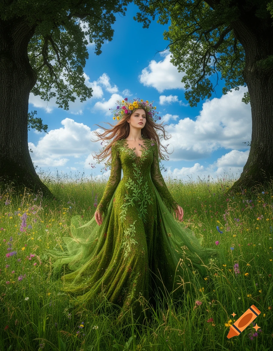 A woman in a green, leaf-covered gown and flower crown stands in a lush meadow between two large trees under a blue sky.