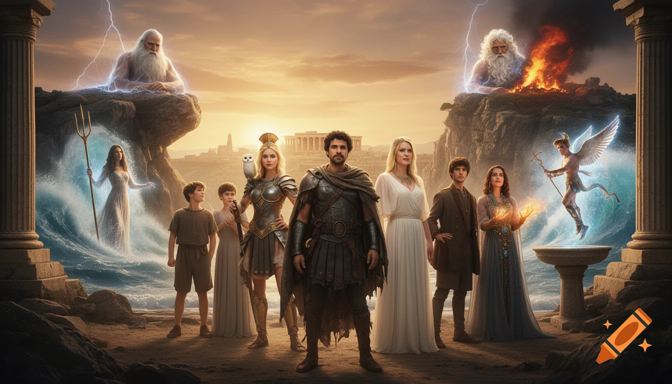 A cinematic, epic film poster showing a group of Greek mythological figures, including gods and heroes, on a stormy ancient shoreline at sunset with columns and a burning city.