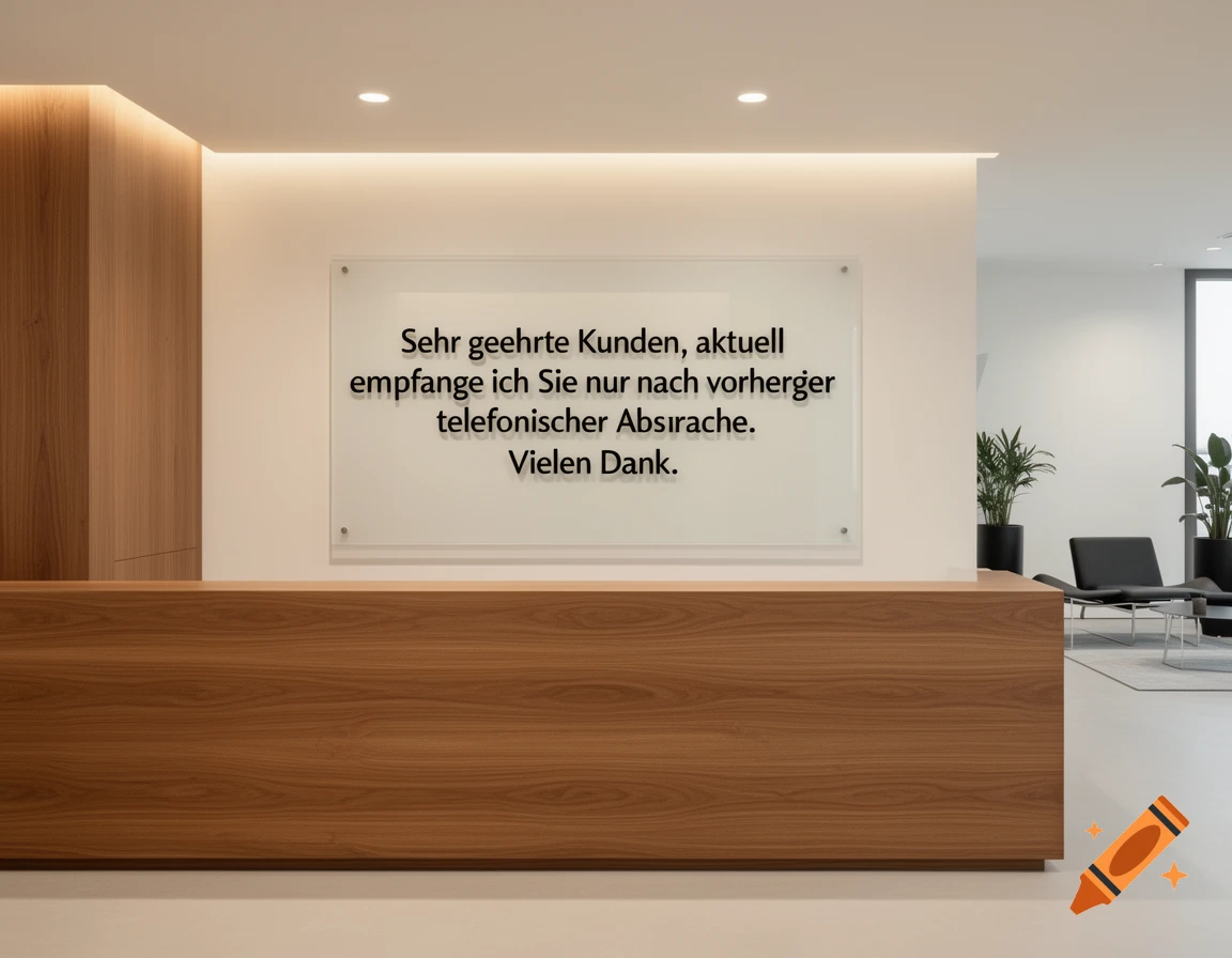 A modern reception desk in an office lobby with a glass sign displaying German text, plants, and chairs in the background.