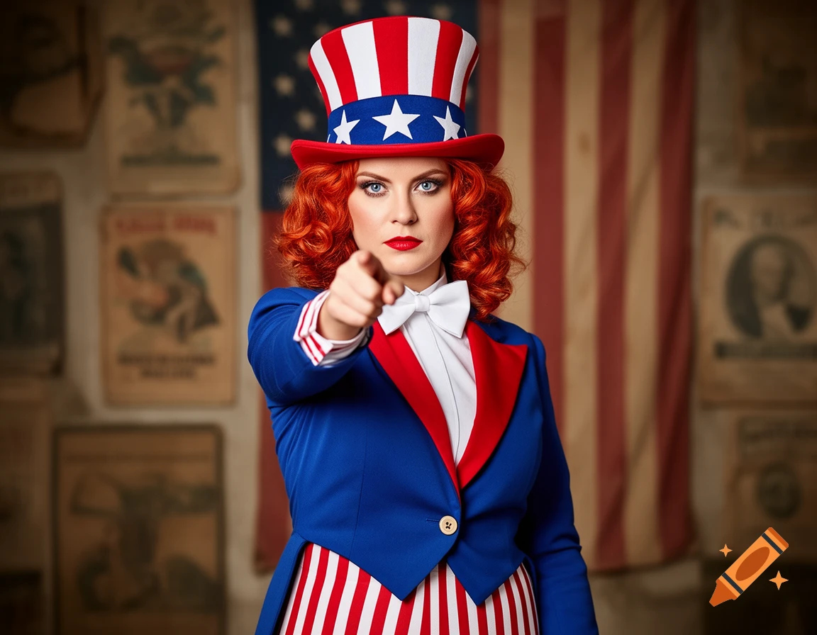A woman with red hair dressed as a female Uncle Sam, in a blue jacket, red and white striped skirt, and a stars and stripes top hat, points directly at the viewer against an American flag backdrop.