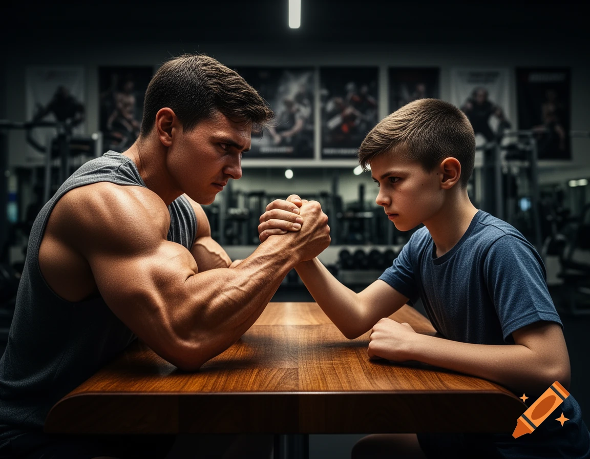 Photorealistic image of a muscular man and a slighter boy intensely arm wrestling at a wooden table in a gym.