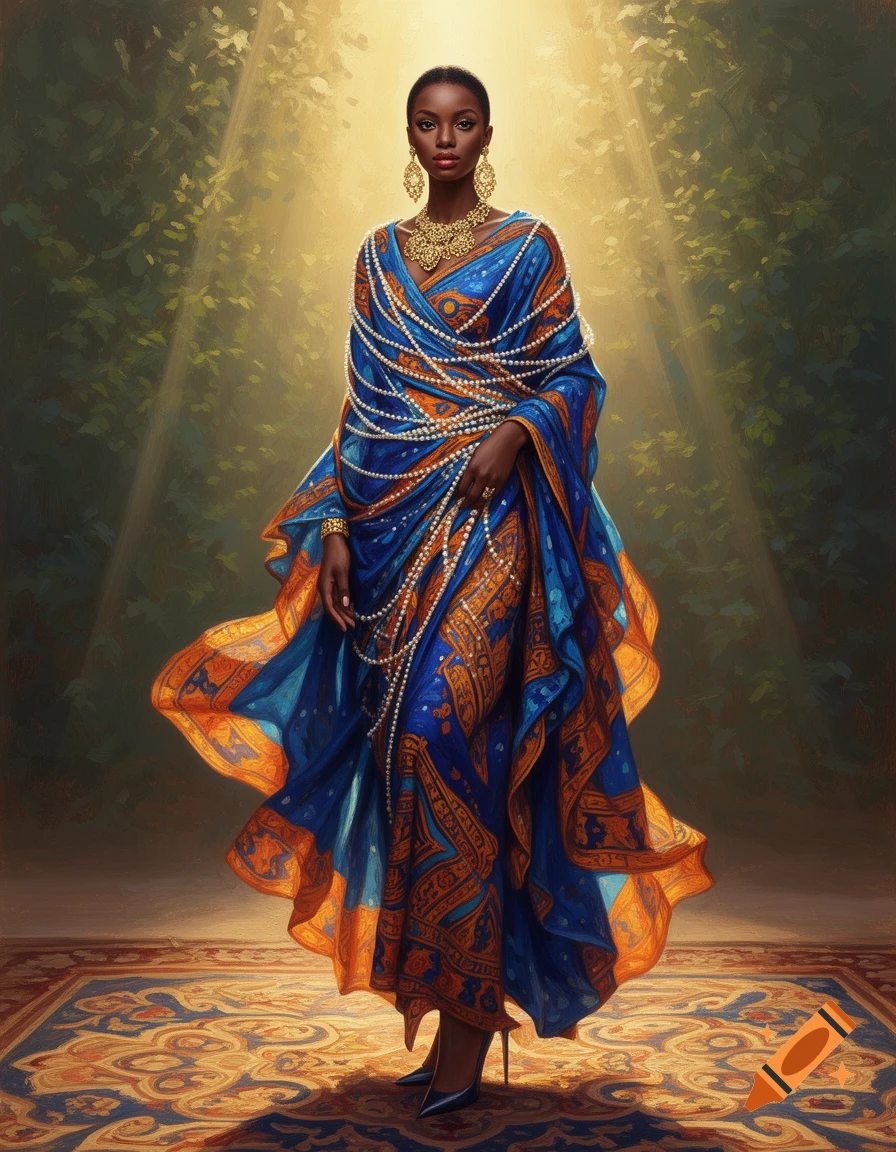 Elegant dark-skinned woman in a vibrant blue and orange patterned dress with pearls and gold jewelry, standing on an ornate rug, painted style.