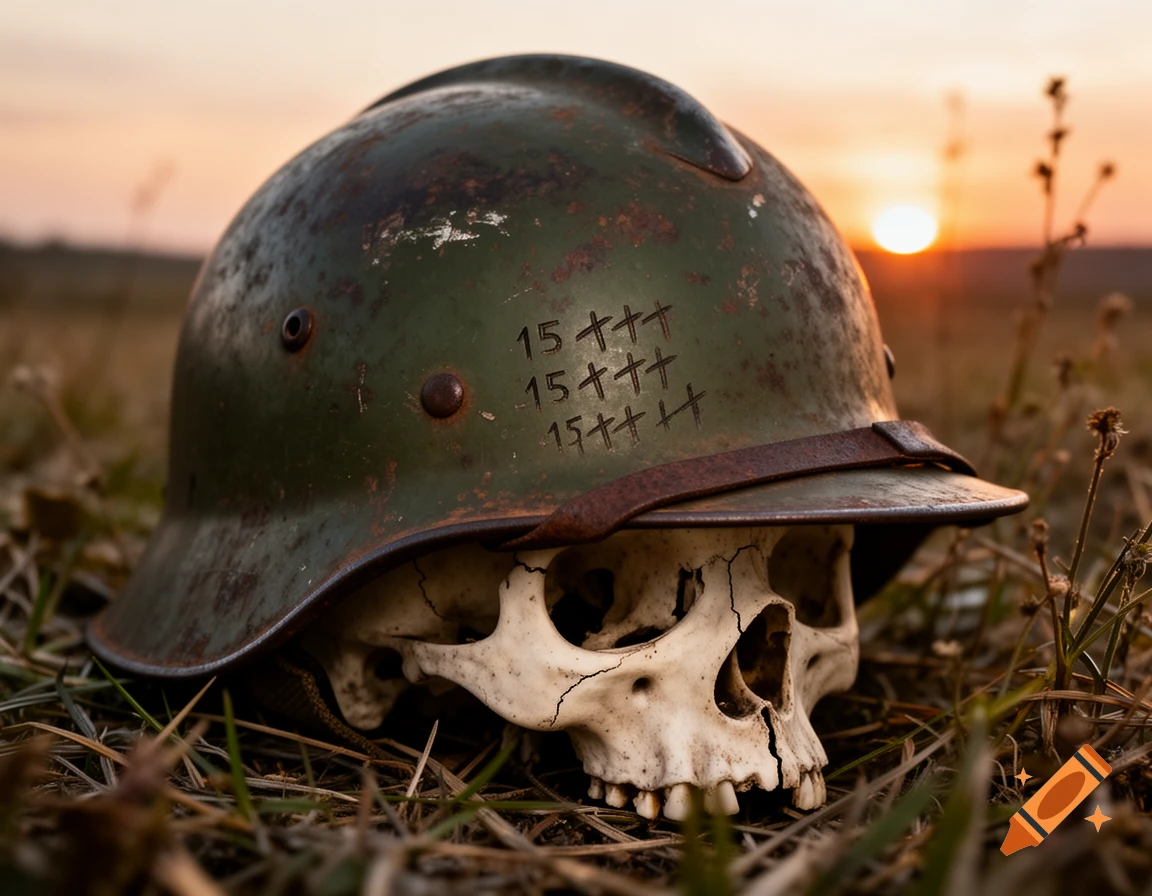 A skull wearing a rusty green WWII army helmet with "15+++" marks on its side, sitting in dry grass at sunset.