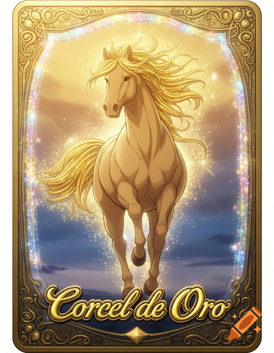 A majestic golden horse with a flowing mane and tail, running on a sparkling gold and blue sky background, depicted on an ornate, glowing gold trading card with 'Corcel de Oro' text.