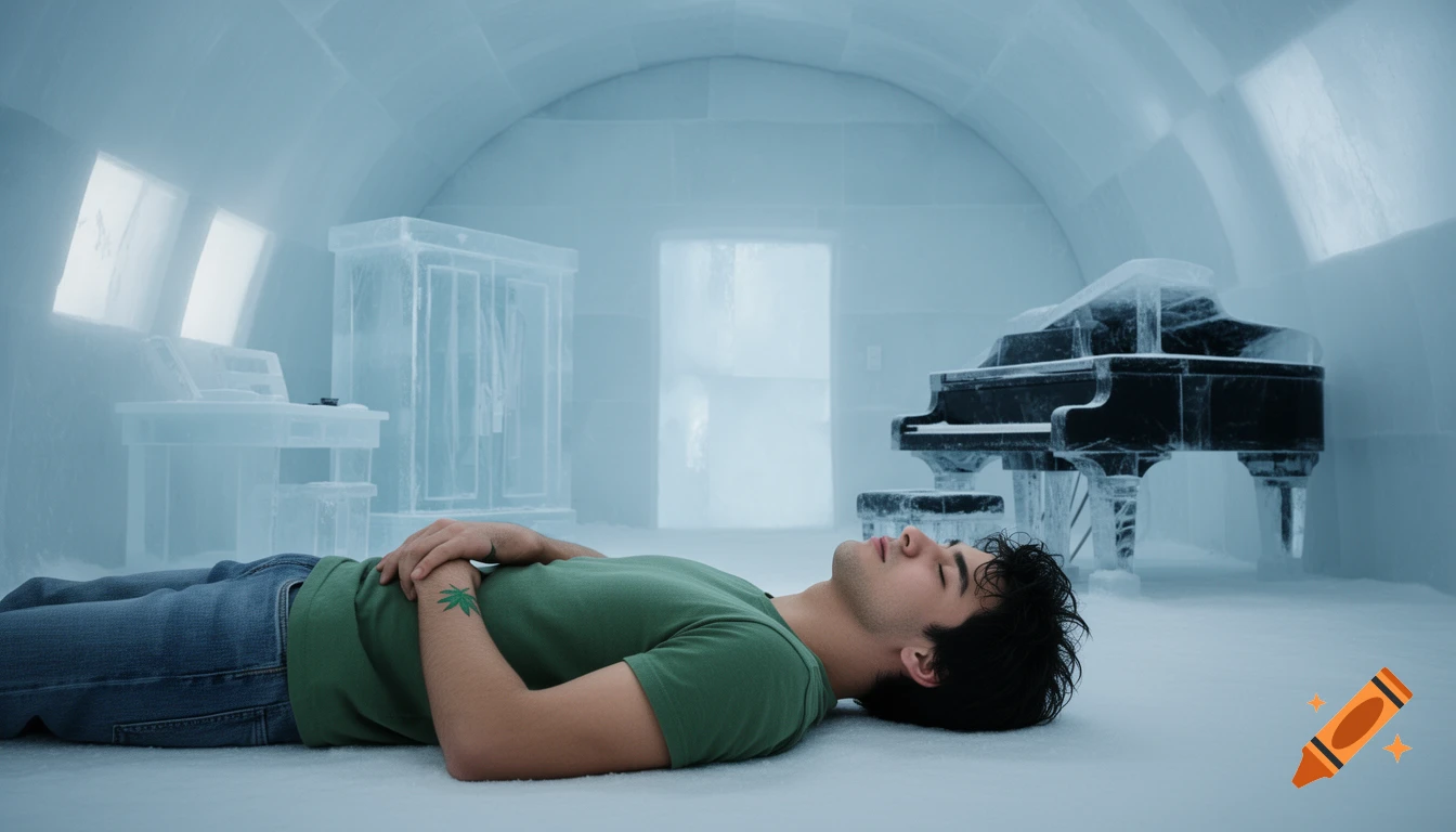 A man with a green leaf tattoo on his wrist lies on an ice floor in an ice room with a desk, wardrobe, and piano made of ice.