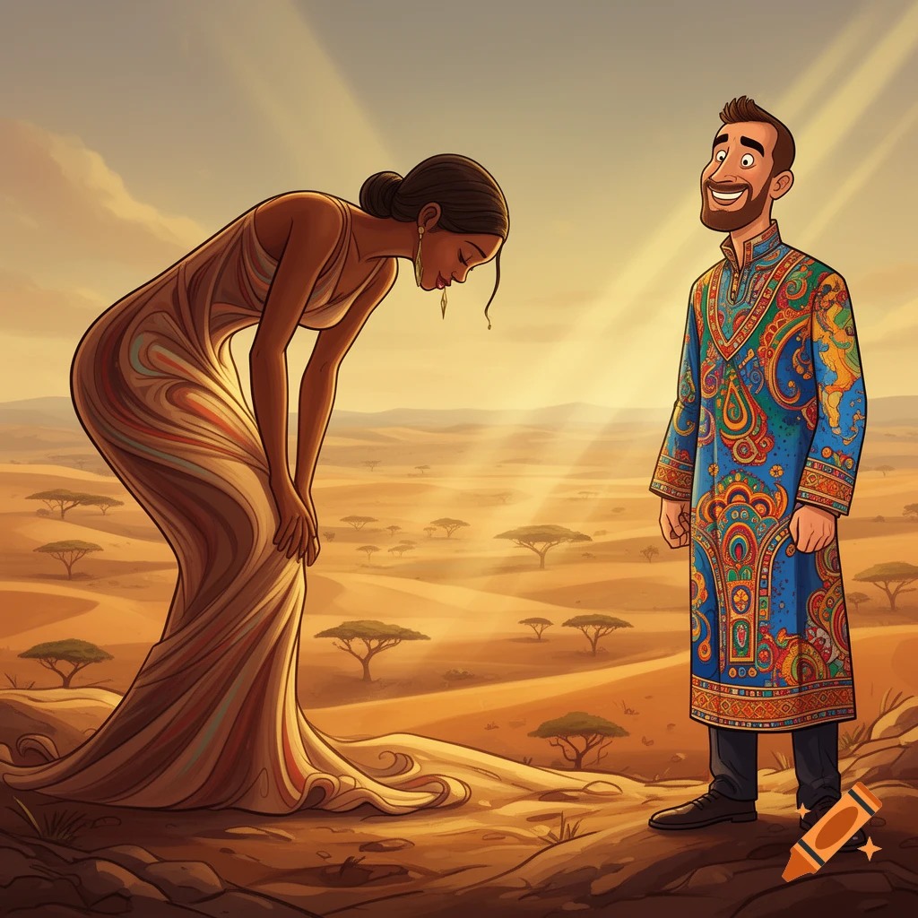 A cartoon illustration of a woman bowing and a man standing in a sunlit desert landscape.
