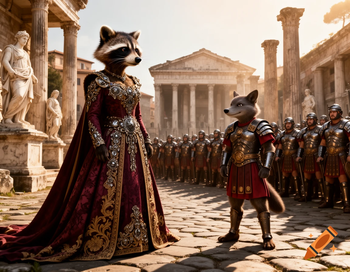 A raccoon empress in a red gown faces a fox legate in Roman armor, with a legion of soldiers in a Roman city.