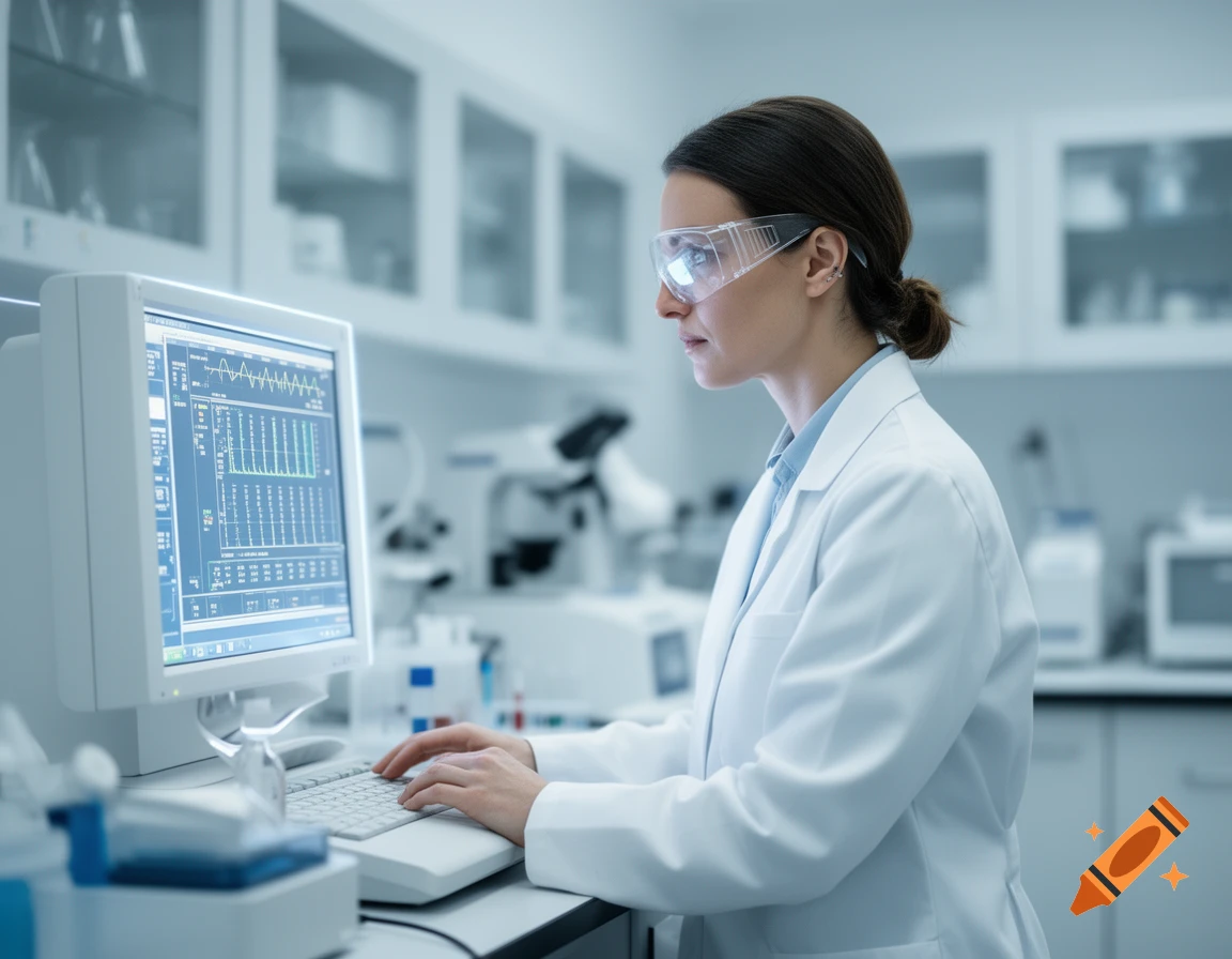 Photorealistic image of a woman in a lab coat and safety glasses, focused on a computer screen in a sterile laboratory.