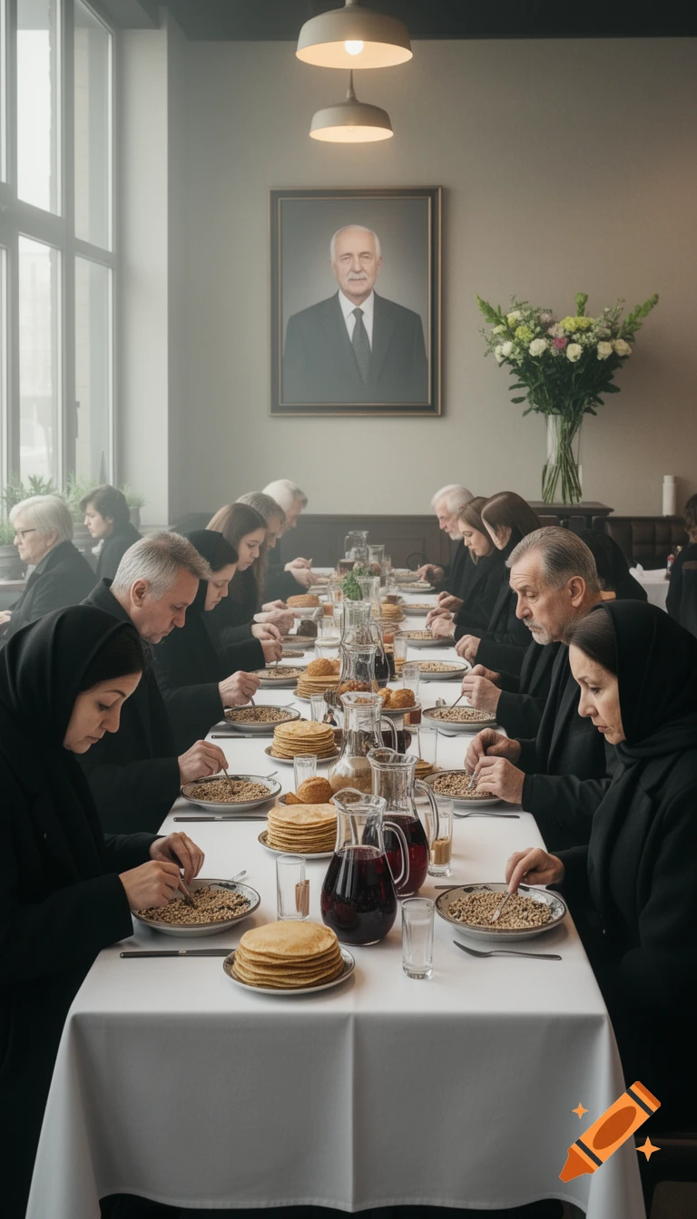 A solemn gathering of people in dark clothing seated at long tables with white tablecloths, eating. A framed portrait hangs on the wall.