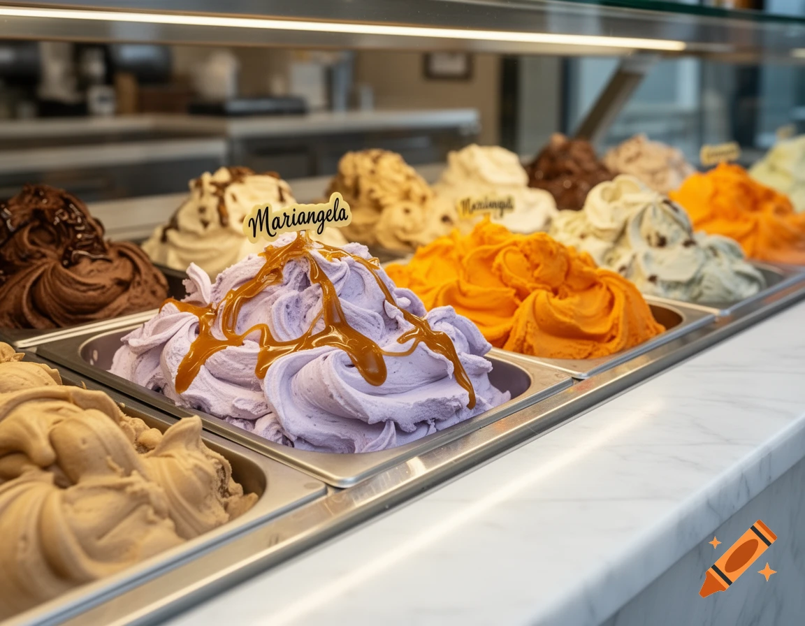 A close-up of a gelato display case, showing scoops of various flavors including a purple one with caramel drizzle and a 'Mariangela' label.