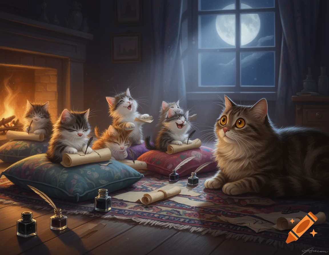 Several fluffy kittens are writing with quills on scrolls in a cozy room by a fireplace, under a full moon shining through a window, while a large cat watches them.