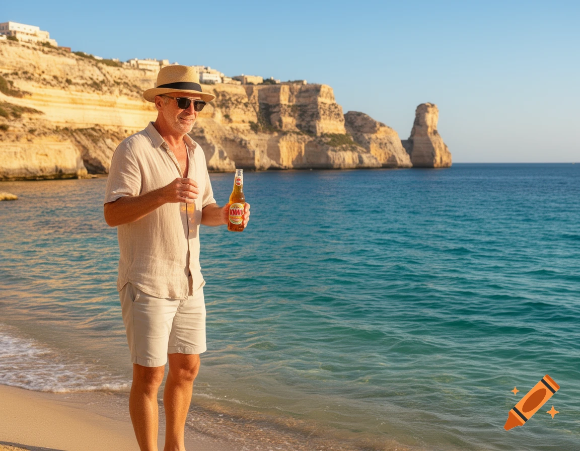 A man in a hat and sunglasses stands on a sunny beach, holding a Kinnie bottle, with turquoise sea and limestone cliffs in the background.