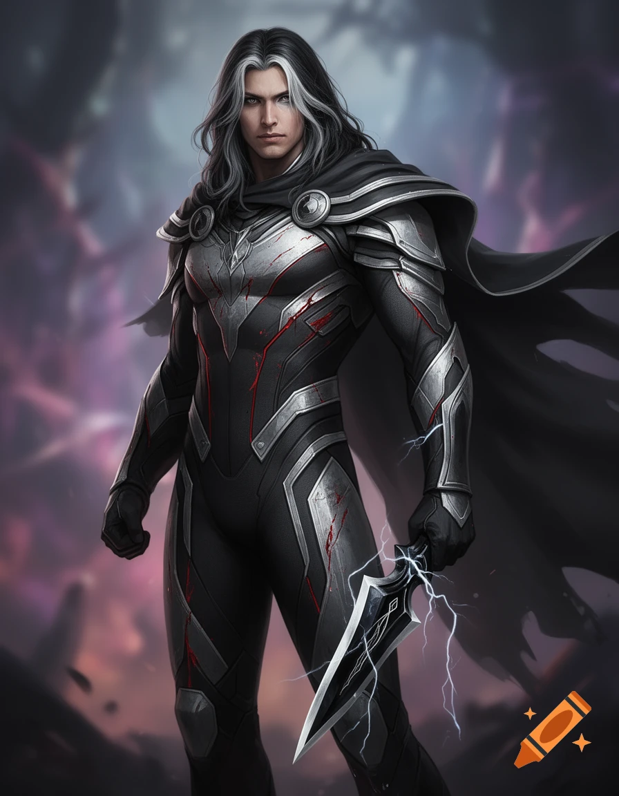 A long-haired man in a black and silver armored suit and cape holds an electric dagger, set against a dark, stormy background.