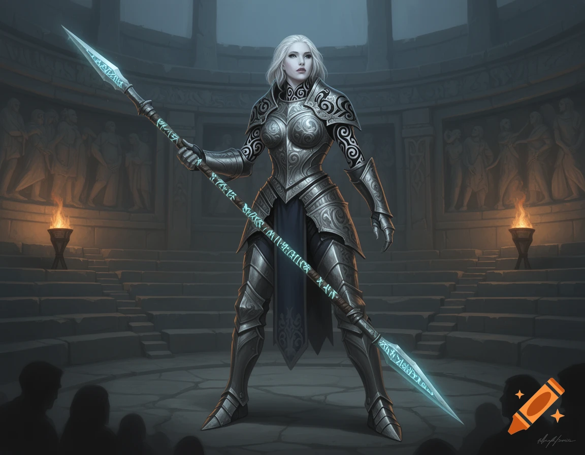 A white-haired female warrior in ornate full plate armor holds a glowing rune-covered spear in a stone arena.