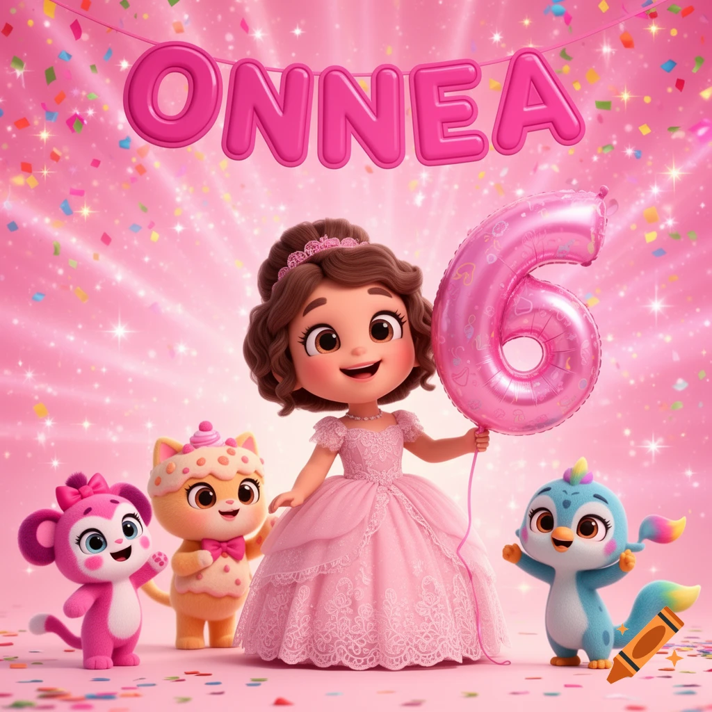 Cute 3D animated girl in a pink dress holds a pink number 6 balloon with animal friends, surrounded by confetti and an 'ONNEA' banner on a sparkling pink background.