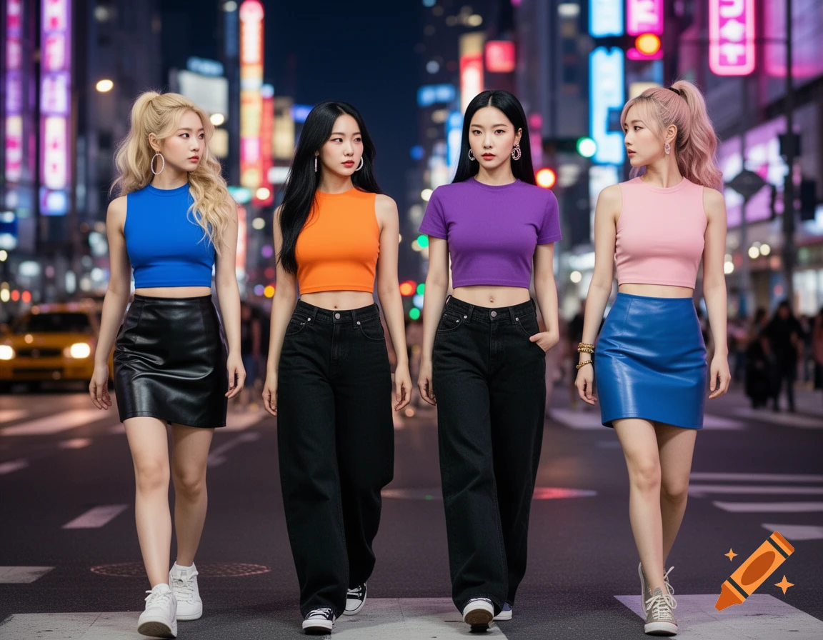 Four young women in colorful crop tops and skirts/jeans walk on a city street at night, illuminated by neon lights.