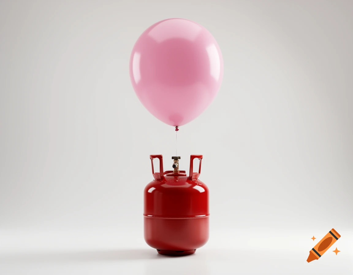 A shiny pink helium balloon is tied with a string to a red helium tank, standing upright on a clean white surface in a photorealistic style.