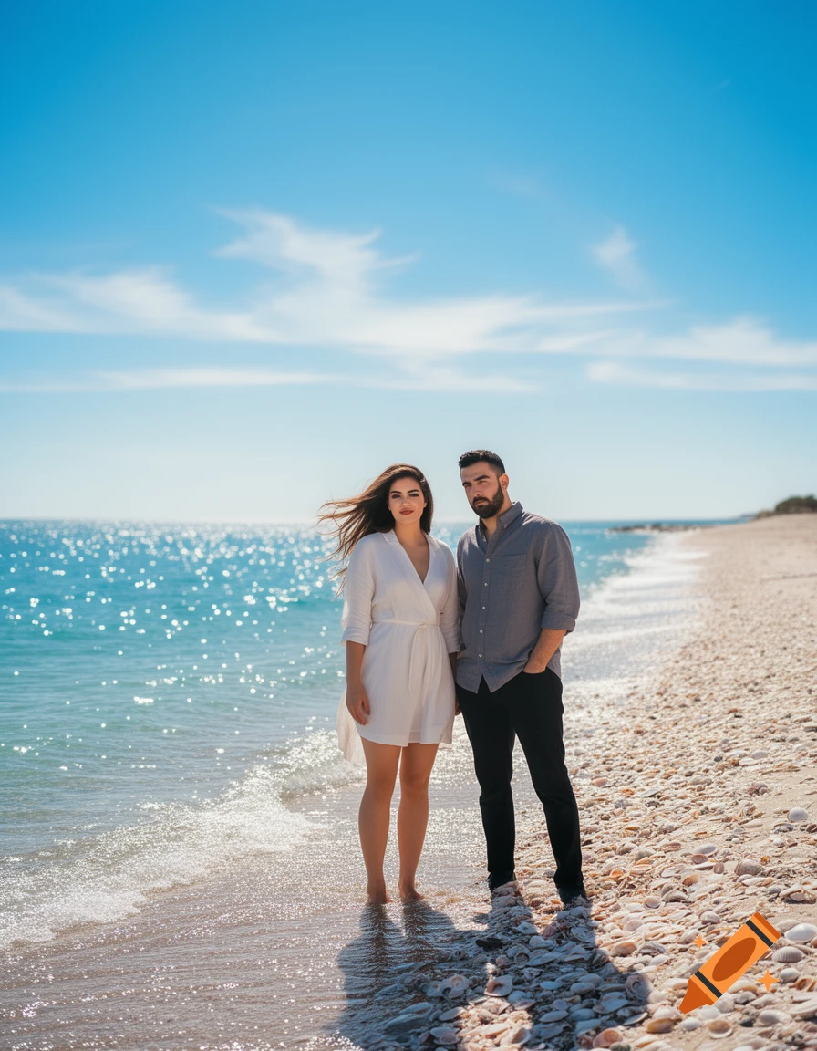 A photorealistic image of a couple standing barefoot on a sunny seashell beach at the water's edge.
