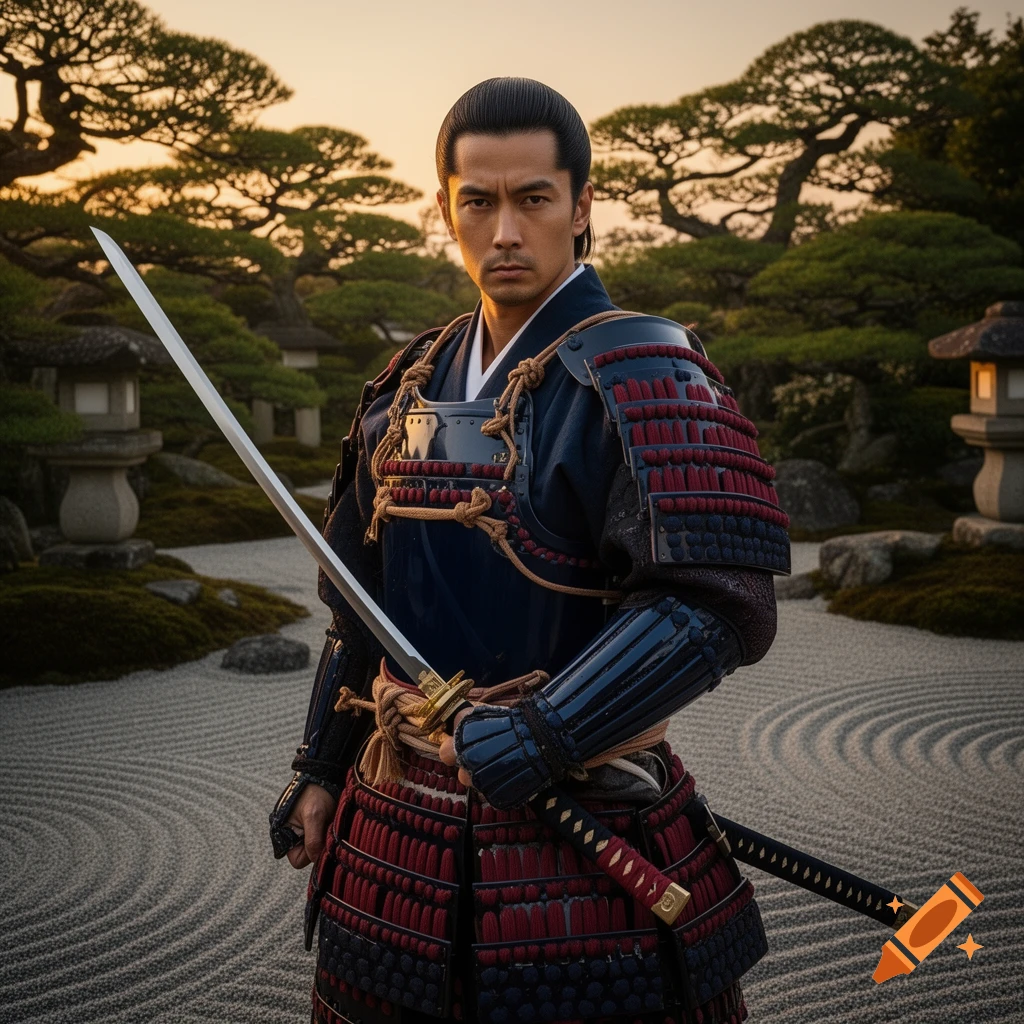 A serious Japanese samurai in dark blue and red armor holds a katana in a zen garden at sunset.