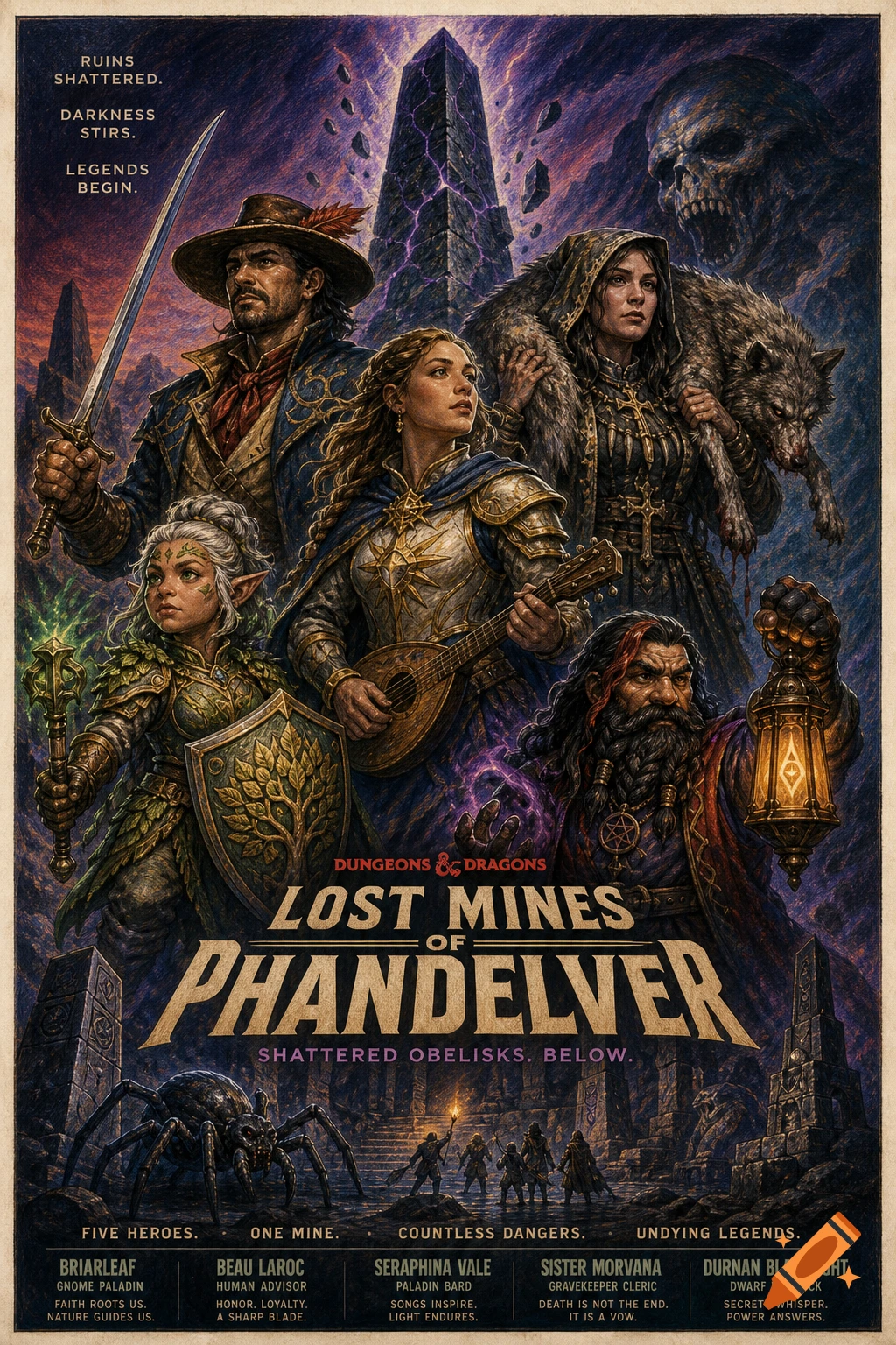 A Dungeons & Dragons "Lost Mines of Phandelver" poster in 80s Star Wars style, depicting five diverse fantasy characters against a dark, magical landscape with a shattered obelisk, a giant spider, and adventurers below. Styled with colored pencil texture.