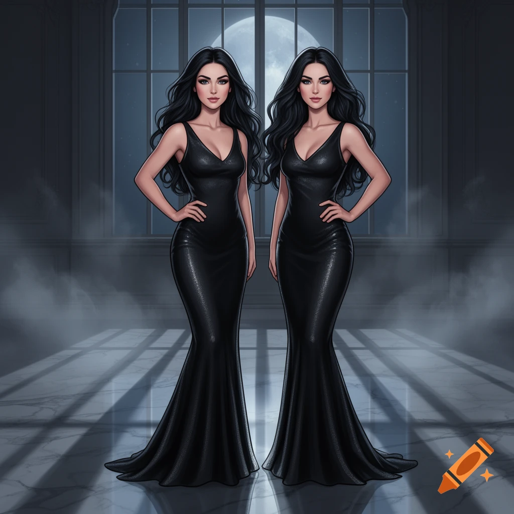Two identical women with long dark hair in black gowns stand in a moonlit room, 2D art.