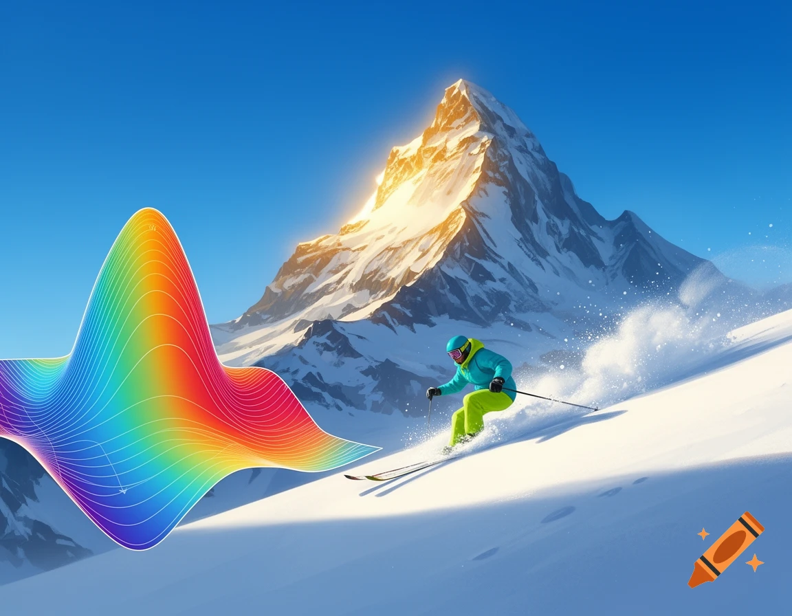 A skier in bright gear descends a snowy mountain, with a large, wavy rainbow graph floating beside them under a clear blue sky.