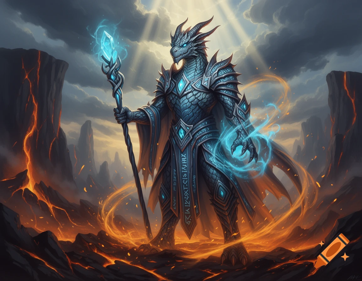 An armored, bipedal dragon-like creature with glowing blue magic holds a staff in a volcanic landscape under a stormy, sunlit sky. It has runic markings on its armor.