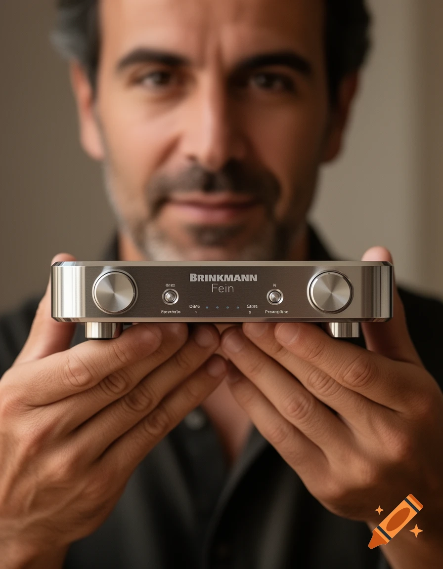 A photorealistic close-up of a man holding a silver Brinkmann Fein phono preamplifier with a shallow depth of field.