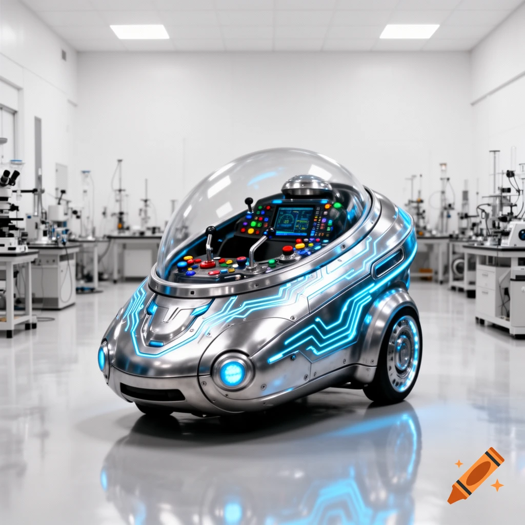 A sleek, futuristic silver vehicle with glowing blue neon lights and a clear dome cockpit sits on a reflective floor in a white laboratory.