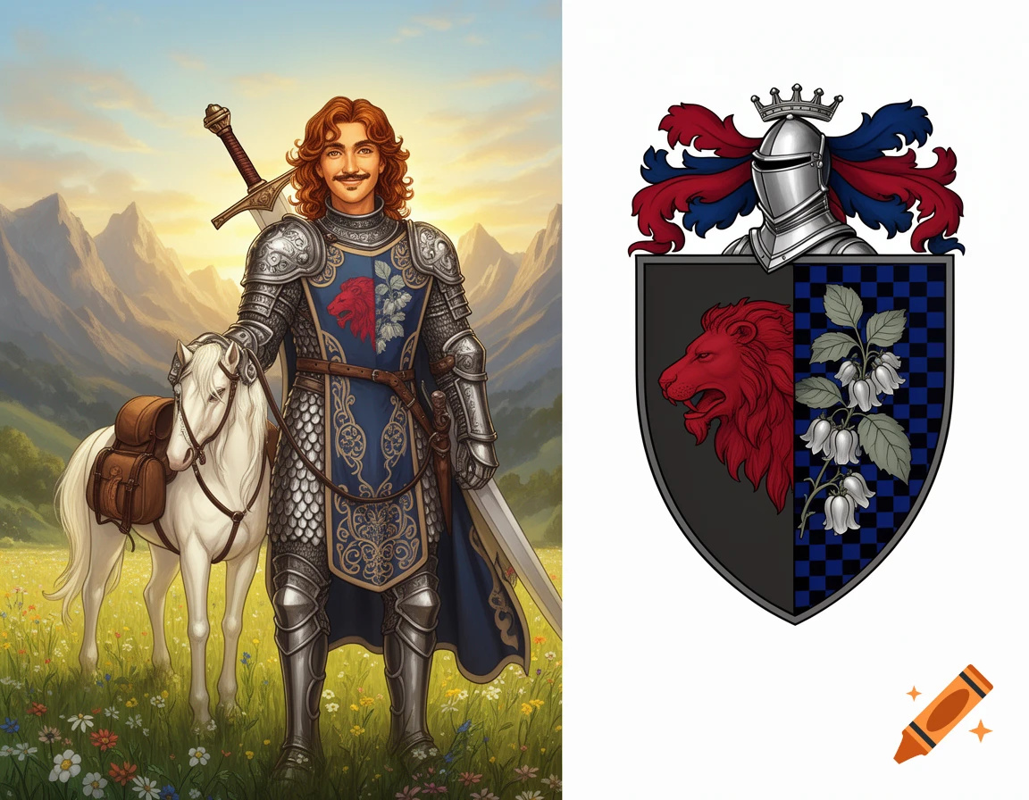 A fantasy illustration shows a smiling knight in ornate armor and a white horse in a sunlit meadow, next to a detailed heraldic coat of arms.
