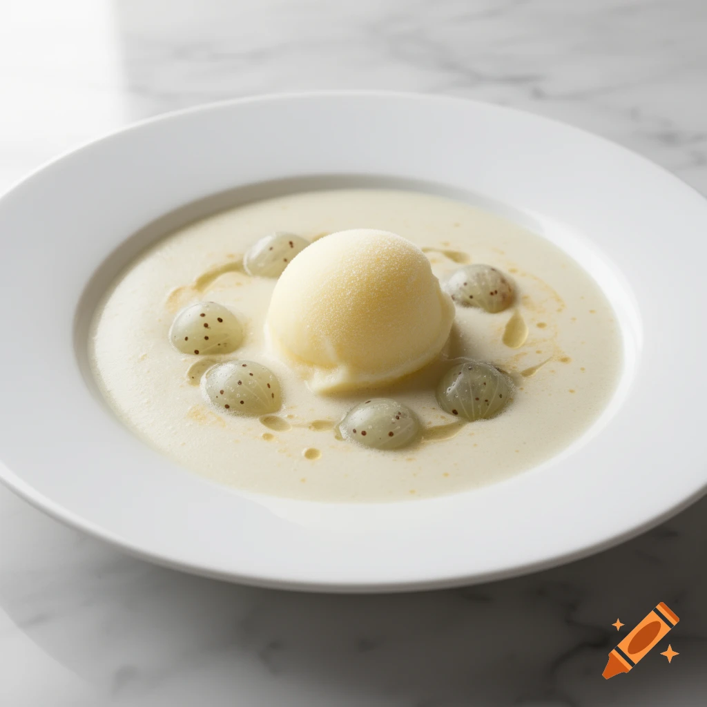 A scoop of lemon ice cream in a white gooseberry soup, garnished with gooseberries and oil drizzles, served in a white bowl.