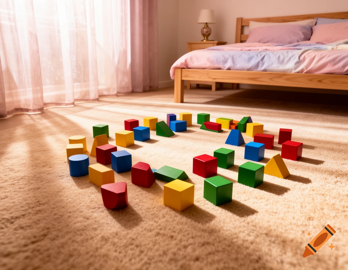 Colorful building blocks arranged in a circle on a beige carpeted bedroom floor, with a bed and window in the background.