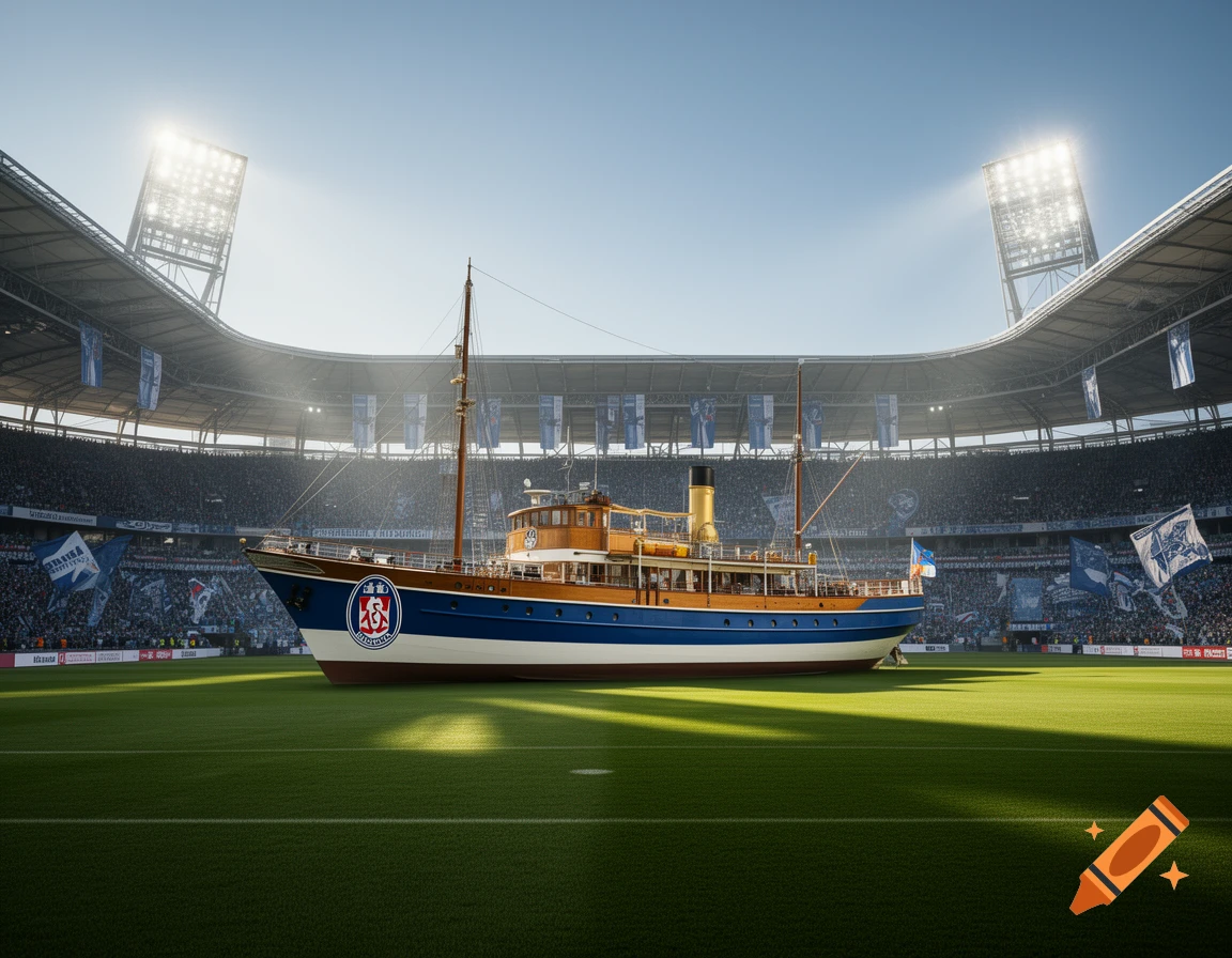 A large, classic yacht with a blue and white hull sits on the green turf of a packed football stadium under bright stadium lights.