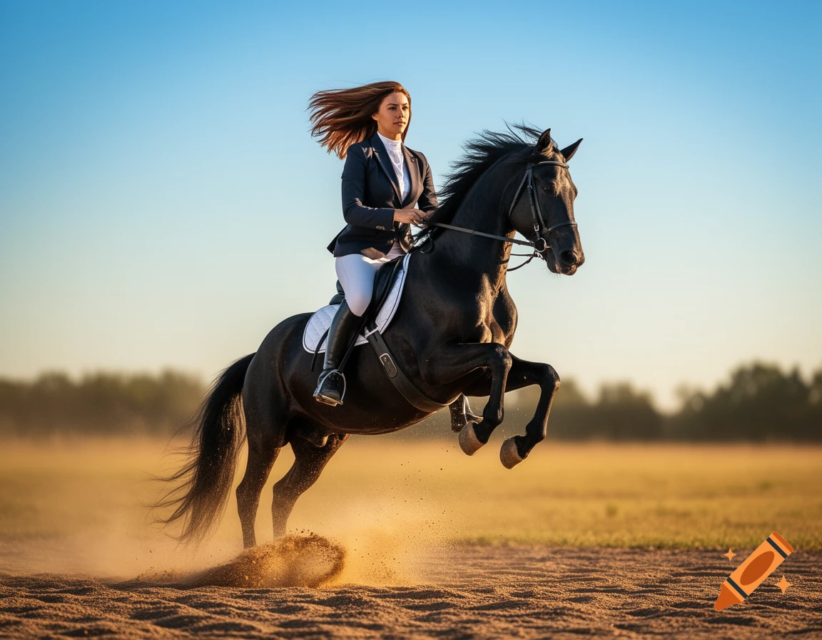 Woman in equestrian attire on a rearing black horse, kicking up dust in a field at sunset.