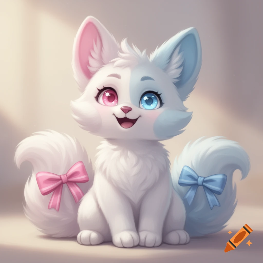 A cute, fluffy white anthropomorphic creature with pink and blue ears, heterochromatic eyes, and two tails with pink and blue ribbons.