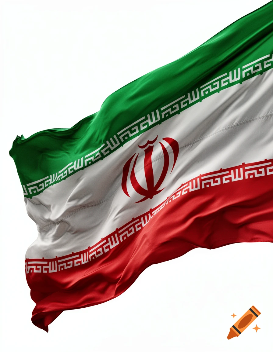 A photorealistic image of the Iranian flag, green, white, and red stripes with the national emblem, waving dynamically against a white background.