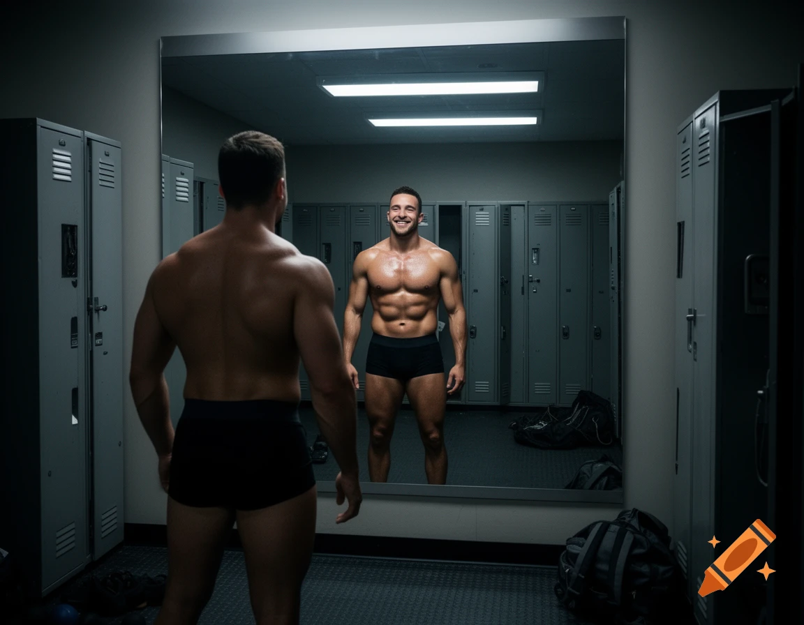 A muscular man in boxer briefs smiling at his reflection in a gym locker room mirror.