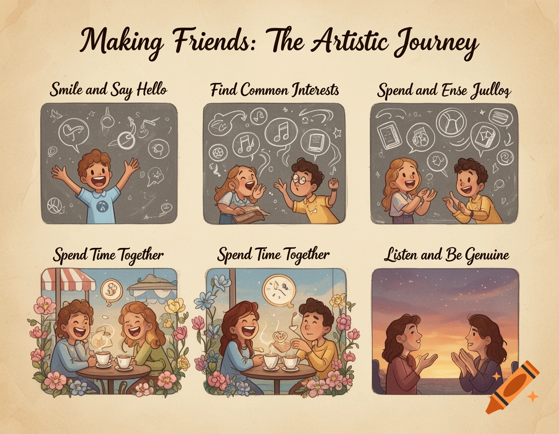 Cartoon guide with six panels illustrating steps to make friends, showing various interactions between children.