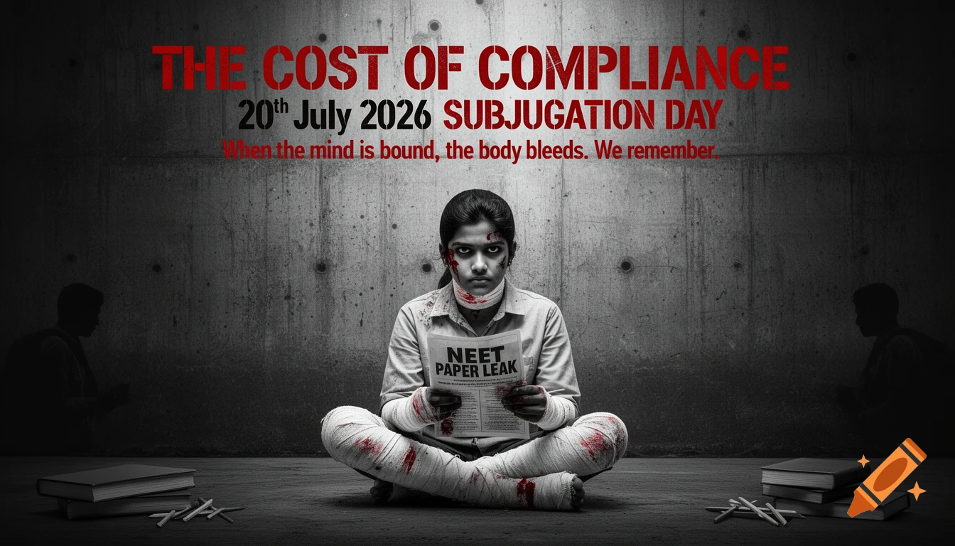 A distressed student with bandaged, blood-stained limbs sits cross-legged in a dark concrete room, holding a newspaper titled 'NEET PAPER LEAK'. Text at the top reads 'THE COST OF COMPLIANCE, 20th July 2026 SUBJUGATION DAY'. Stylized silhouettes of books and students are in the background.
